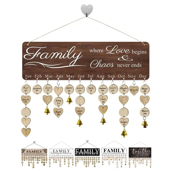 Wooden Hanging Family Birthday Calendar Board w/ Bells