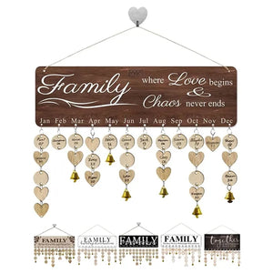 Wooden Hanging Family Birthday Calendar Board w/ Bells