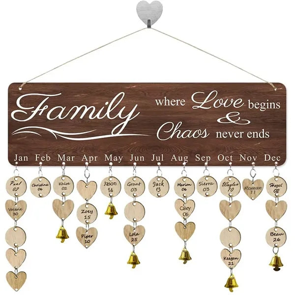 Wooden Hanging Family Birthday Calendar Board w/ Bells