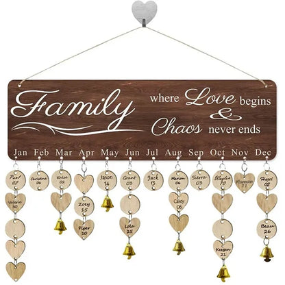 Wooden Hanging Family Birthday Calendar Board w/ Bells