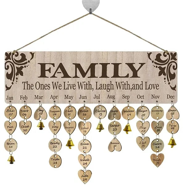 Wooden Hanging Family Birthday Calendar Board w/ Bells