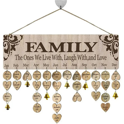 Wooden Hanging Family Birthday Calendar Board w/ Bells