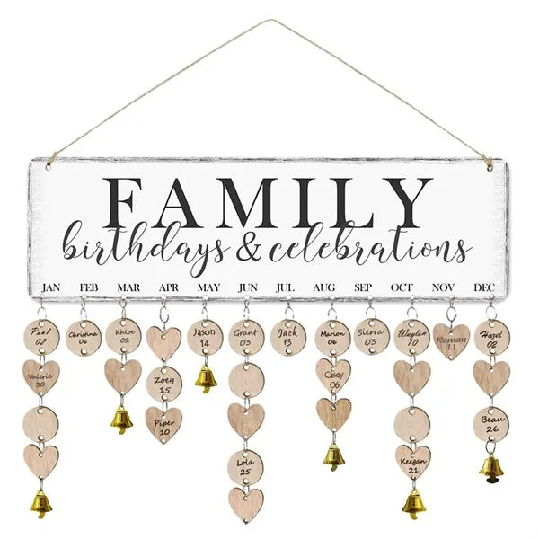 Wooden Hanging Family Birthday Calendar Board w/ Bells