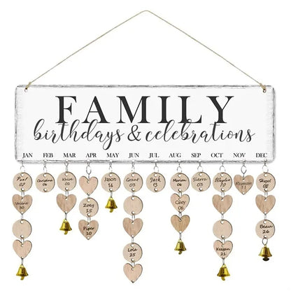 Wooden Hanging Family Birthday Calendar Board w/ Bells