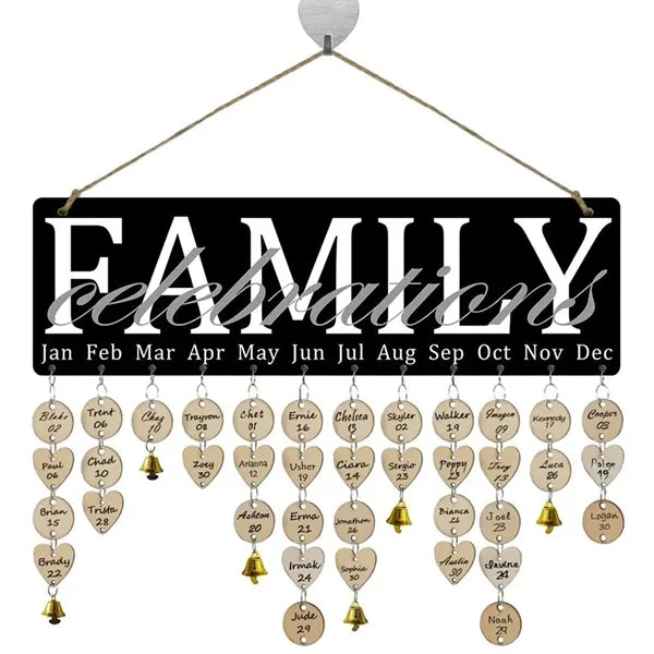 Wooden Hanging Family Birthday Calendar Board w/ Bells