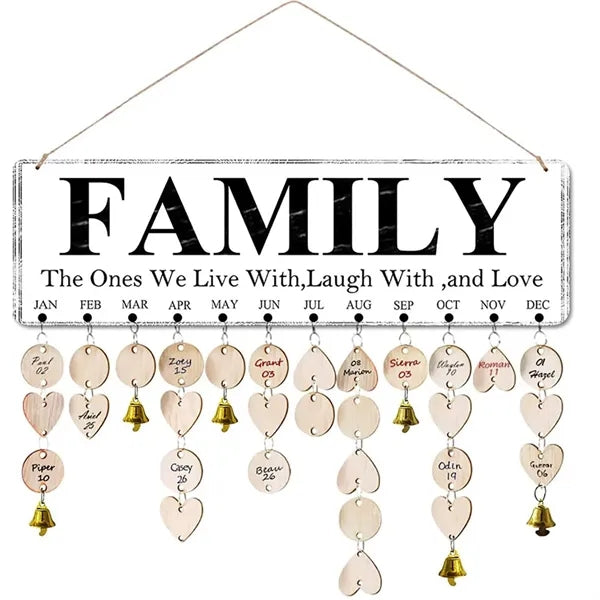 Wooden Hanging Family Birthday Calendar Board w/ Bells