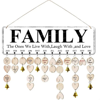 Wooden Hanging Family Birthday Calendar Board w/ Bells