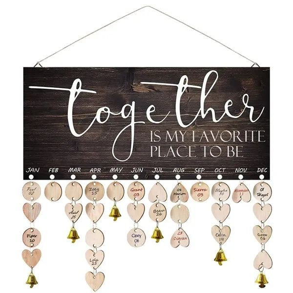 Wooden Hanging Family Birthday Calendar Board w/ Bells