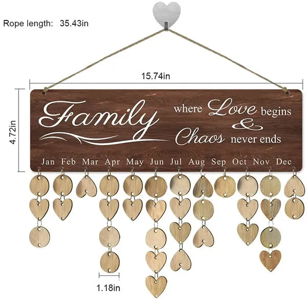 Wooden Hanging Family Birthday Calendar Board w/ Bells