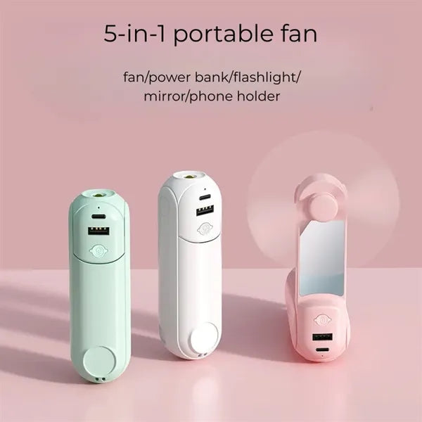 5 in 1 Portable Handheld Fan with Power Bank Mirror