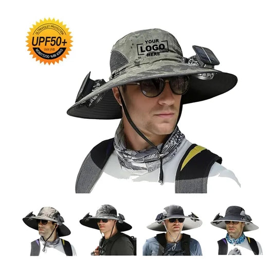 Outdoor Wide Brim Bucket Cap Dual Solar Fan Cooling Hat
