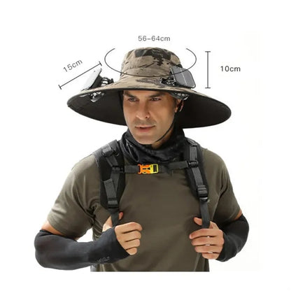 Outdoor Wide Brim Bucket Cap Dual Solar Fan Cooling Hat