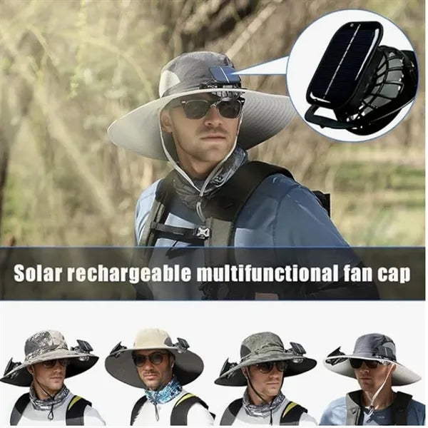 Outdoor Wide Brim Bucket Cap Dual Solar Fan Cooling Hat