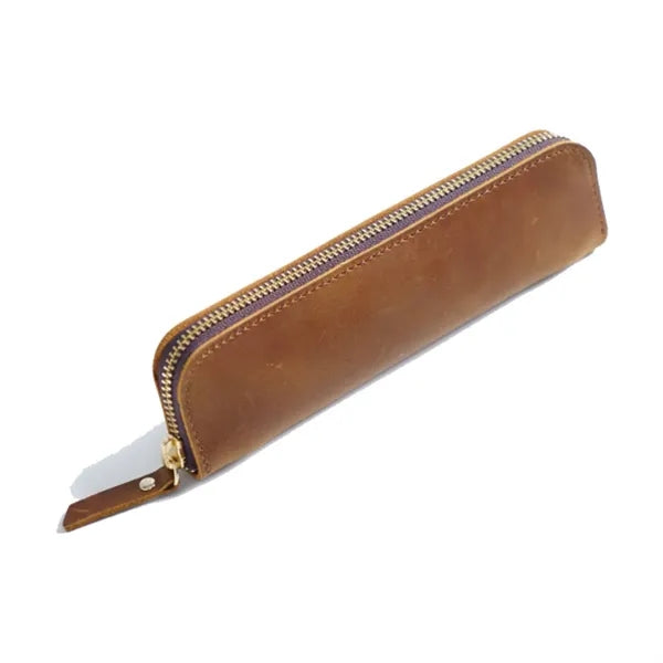 Simple Portable  Durable Genuine Leather Zipper Pen Case