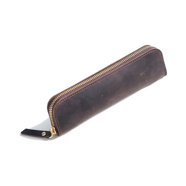 Simple Portable  Durable Genuine Leather Zipper Pen Case