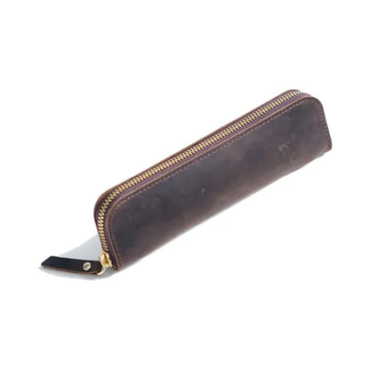 Simple Portable  Durable Genuine Leather Zipper Pen Case