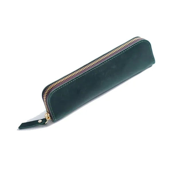 Simple Portable  Durable Genuine Leather Zipper Pen Case