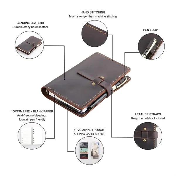 Leather Multi-Functional Zipper Retro Loose Leaf Book Diary