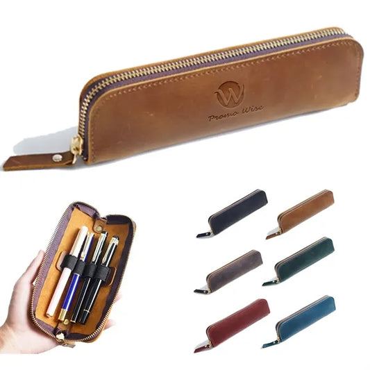Simple Portable  Durable Genuine Leather Zipper Pen Case