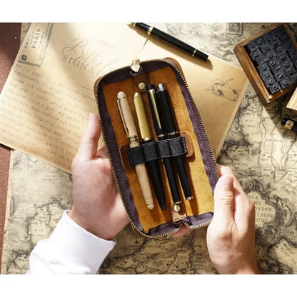 Simple Portable  Durable Genuine Leather Zipper Pen Case