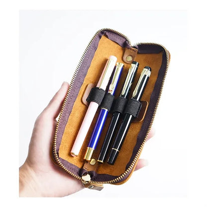 Simple Portable  Durable Genuine Leather Zipper Pen Case