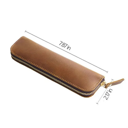 Simple Portable  Durable Genuine Leather Zipper Pen Case