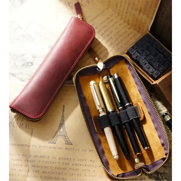 Simple Portable  Durable Genuine Leather Zipper Pen Case