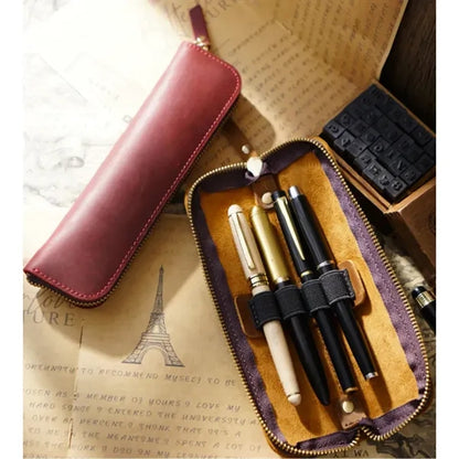 Simple Portable  Durable Genuine Leather Zipper Pen Case