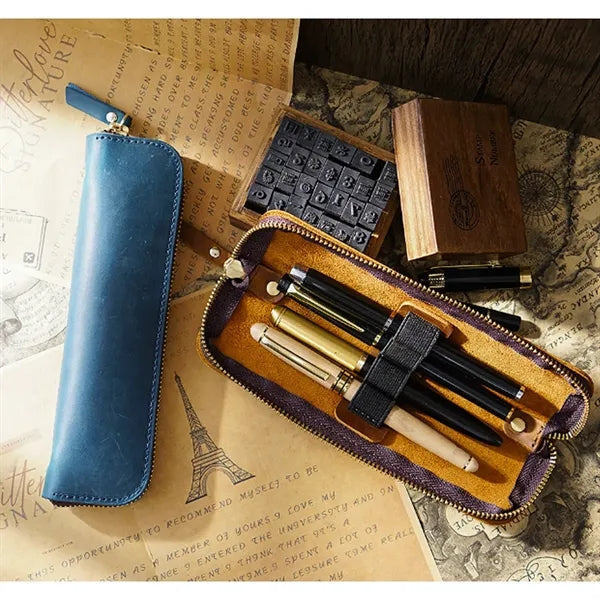 Simple Portable  Durable Genuine Leather Zipper Pen Case