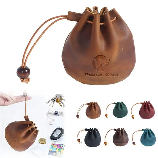 Vintage Top Layer Cowhide Drawstring Coin Purse Pocket Bag