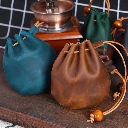 Vintage Top Layer Cowhide Drawstring Coin Purse Pocket Bag