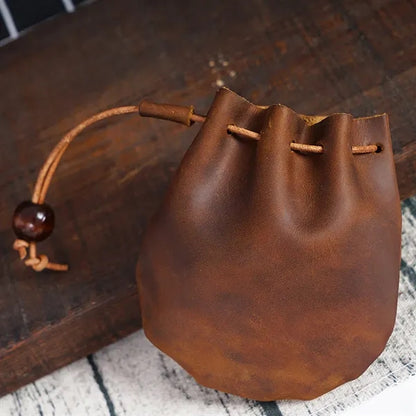 Vintage Top Layer Cowhide Drawstring Coin Purse Pocket Bag