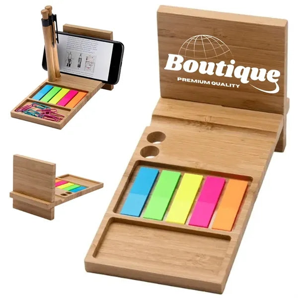 Bamboo Phone Stand Organizer with Sticky Notes Set