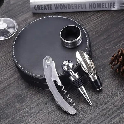 4-Piece Wine Tool Gift Set in Round Leather Case