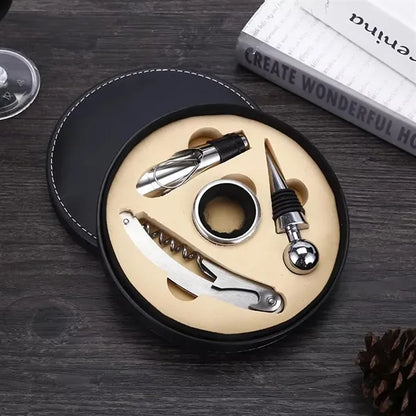 4-Piece Wine Tool Gift Set in Round Leather Case