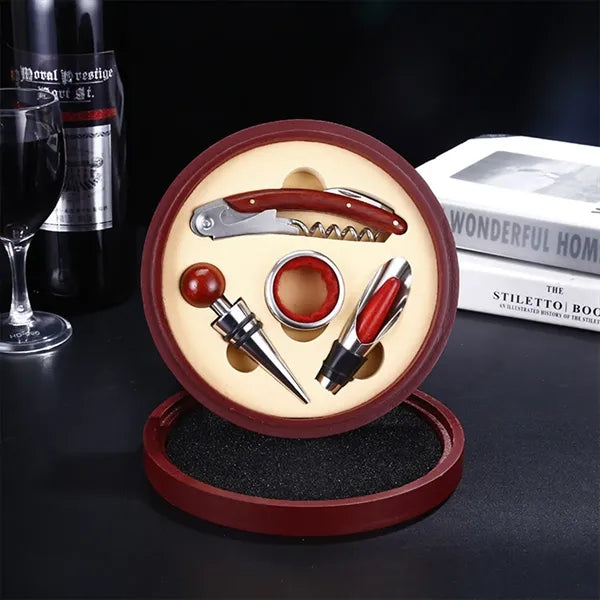 4-Piece Wine Tool Gift Set in Round Leather Case