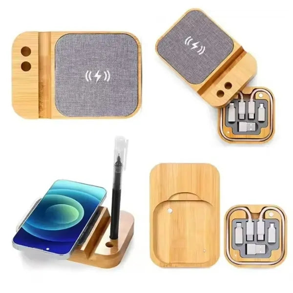 Bamboo Wireless Charging Phone Stand with Pen Holder