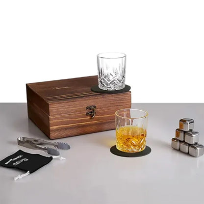 Whiskey Stones & Glasses Gift Set with Wood Box