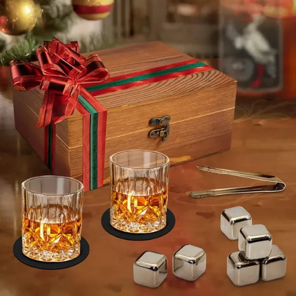 Whiskey Stones & Glasses Gift Set with Wood Box