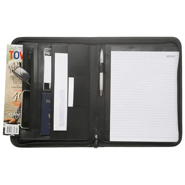 Premium Zippered Leather Portfolio w/ Pen Loop & Two Pockets
