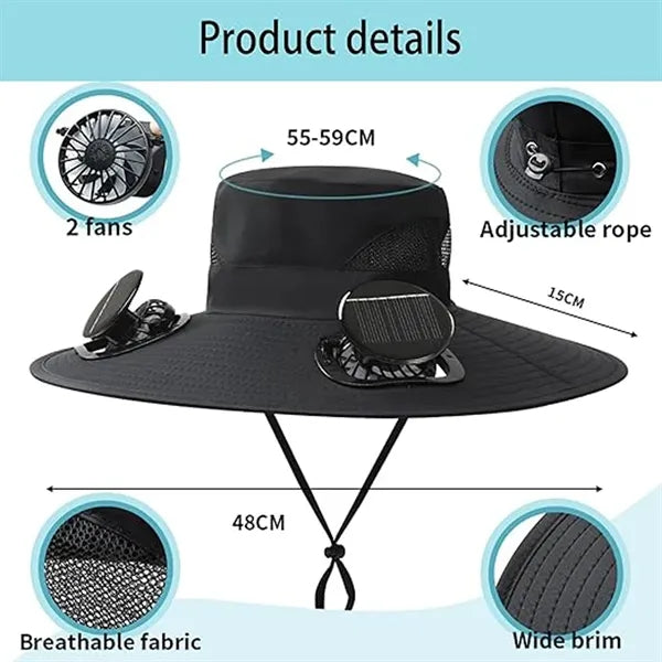 Wide Brim Hat with Solar Powered Rechargeable Fans