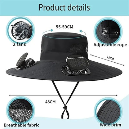 Wide Brim Hat with Solar Powered Rechargeable Fans