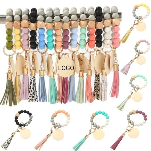 Silicone Bead Bracelet Keychain with Wooden Sign