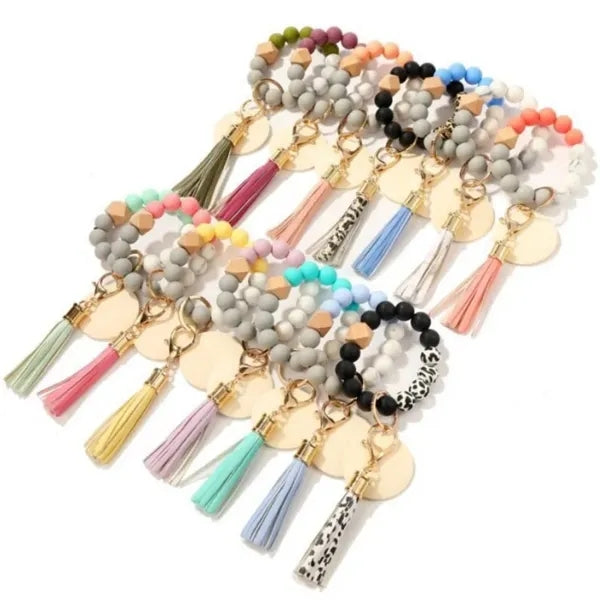 Silicone Bead Bracelet Keychain with Wooden Sign