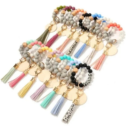 Silicone Bead Bracelet Keychain with Wooden Sign