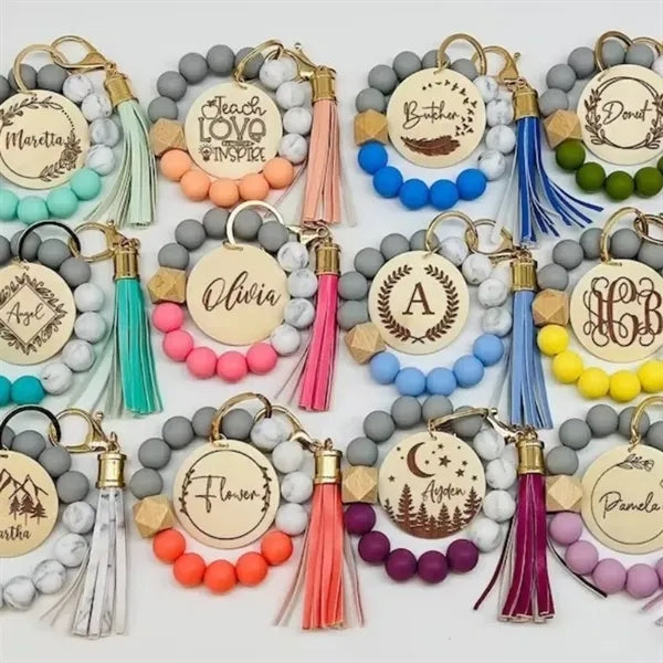 Silicone Bead Bracelet Keychain with Wooden Sign