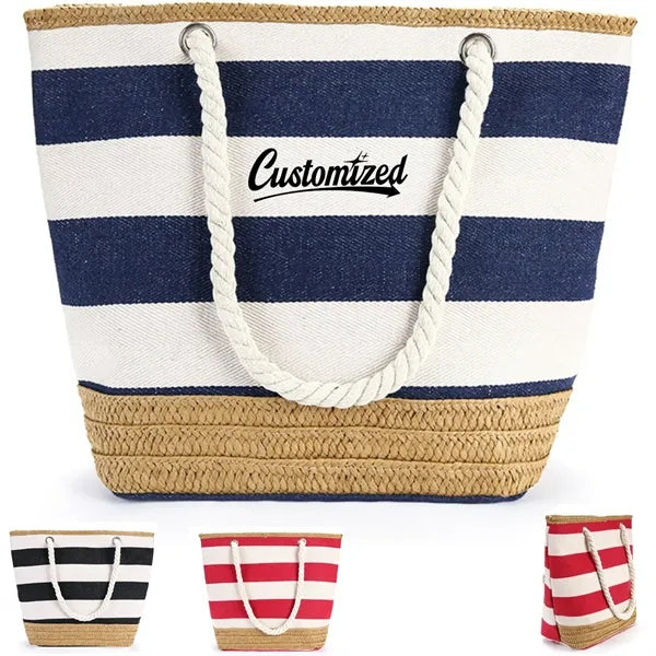 Striped Canvas Jute Beach Tote Bag with Rope Handles