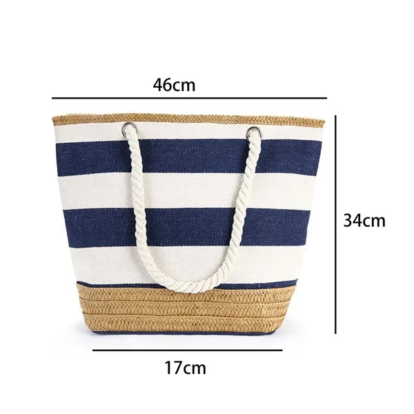 Striped Canvas Jute Beach Tote Bag with Rope Handles
