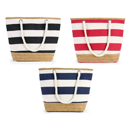 Striped Canvas Jute Beach Tote Bag with Rope Handles
