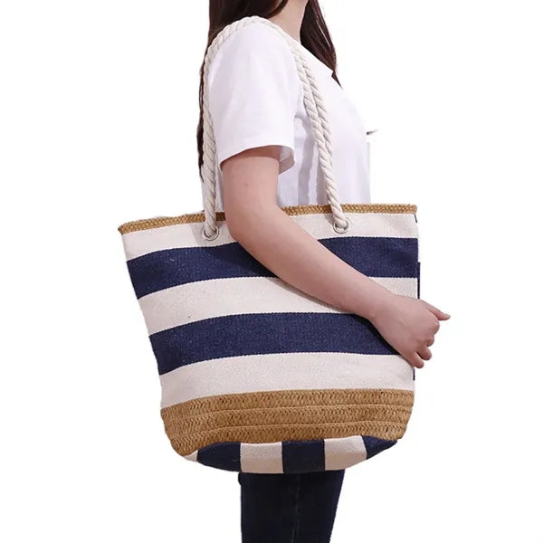 Striped Canvas Jute Beach Tote Bag with Rope Handles